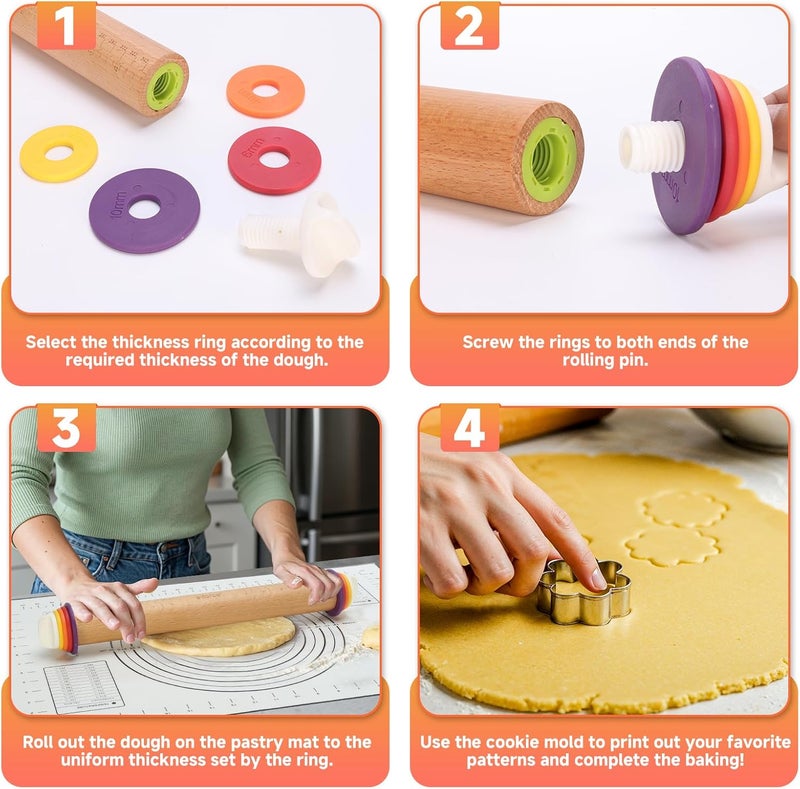 Olforce Wooden Rolling Pin with Thickness Rings and Pastry Baking Mat, Pizza, Cookie, Bread, Pie Crusts,Roller Rod for Dough Thickness, 13.6" with 4 Multicolored Thickness Rings&Cookie Molds - Image 3